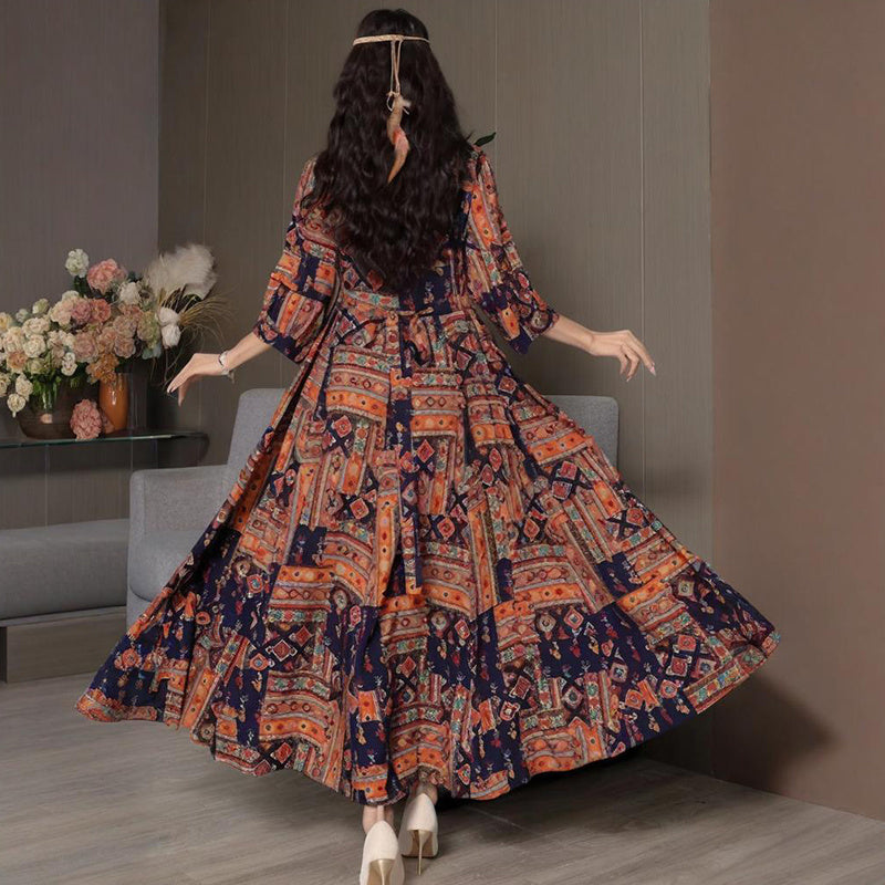 Women's Middle Eastern Style Long Sleeve Dress - Geometric Print V-Neck Embroidered Maxi Dress Boho Vacation Dress