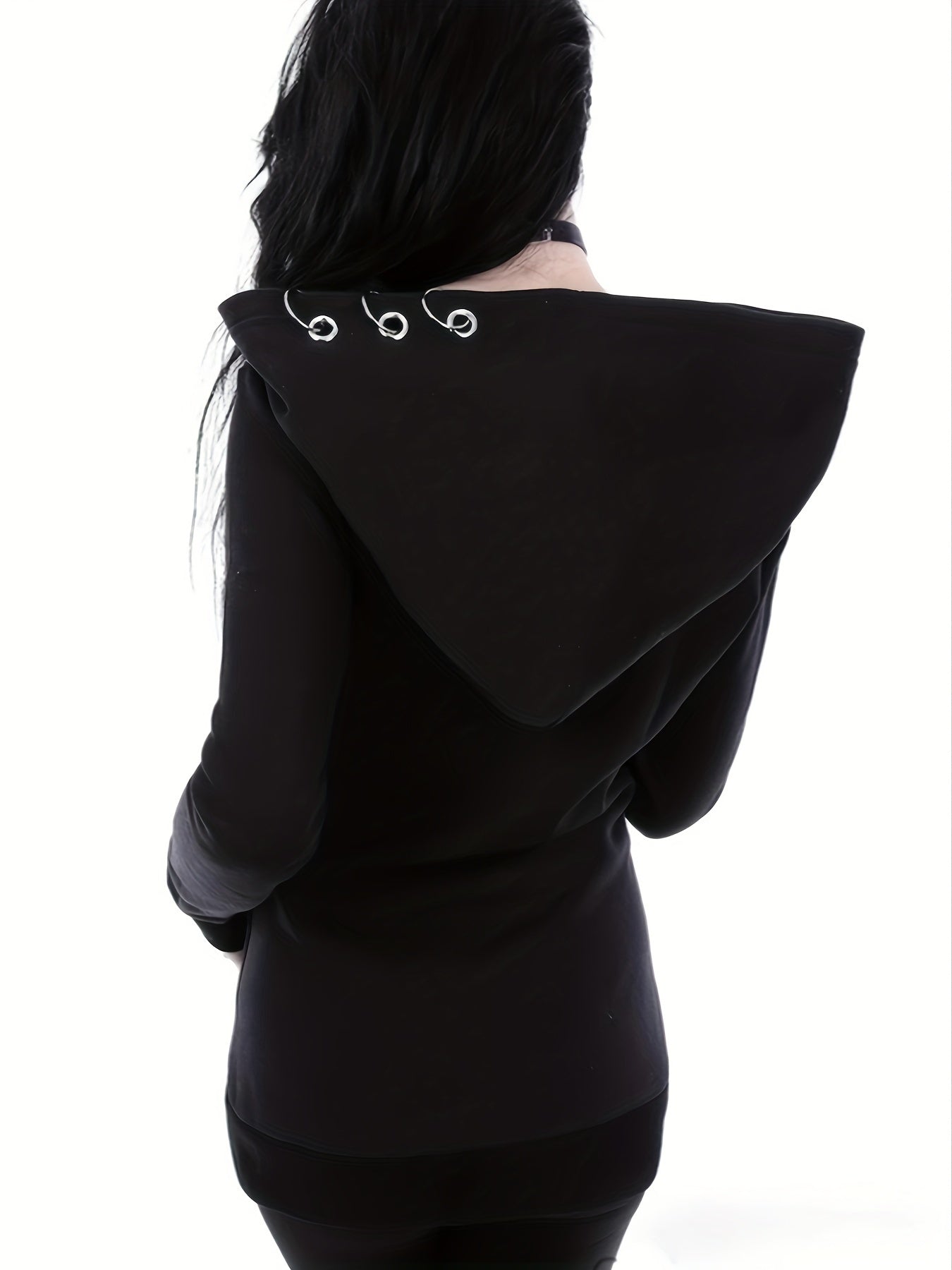 [Stylish Hoodie] Stylish Black Zip-Up Hoodie | Casual Long Sleeve, Polyester Blend, Machine Washable - Perfect for All Seasons with Unique Chain Detail