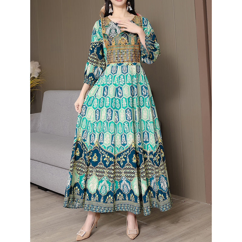 Women's Bohemian Print Maxi Dress, Ethnic Style Round Neck 3 4 Sleeve Embroidered Flowy Party Dress