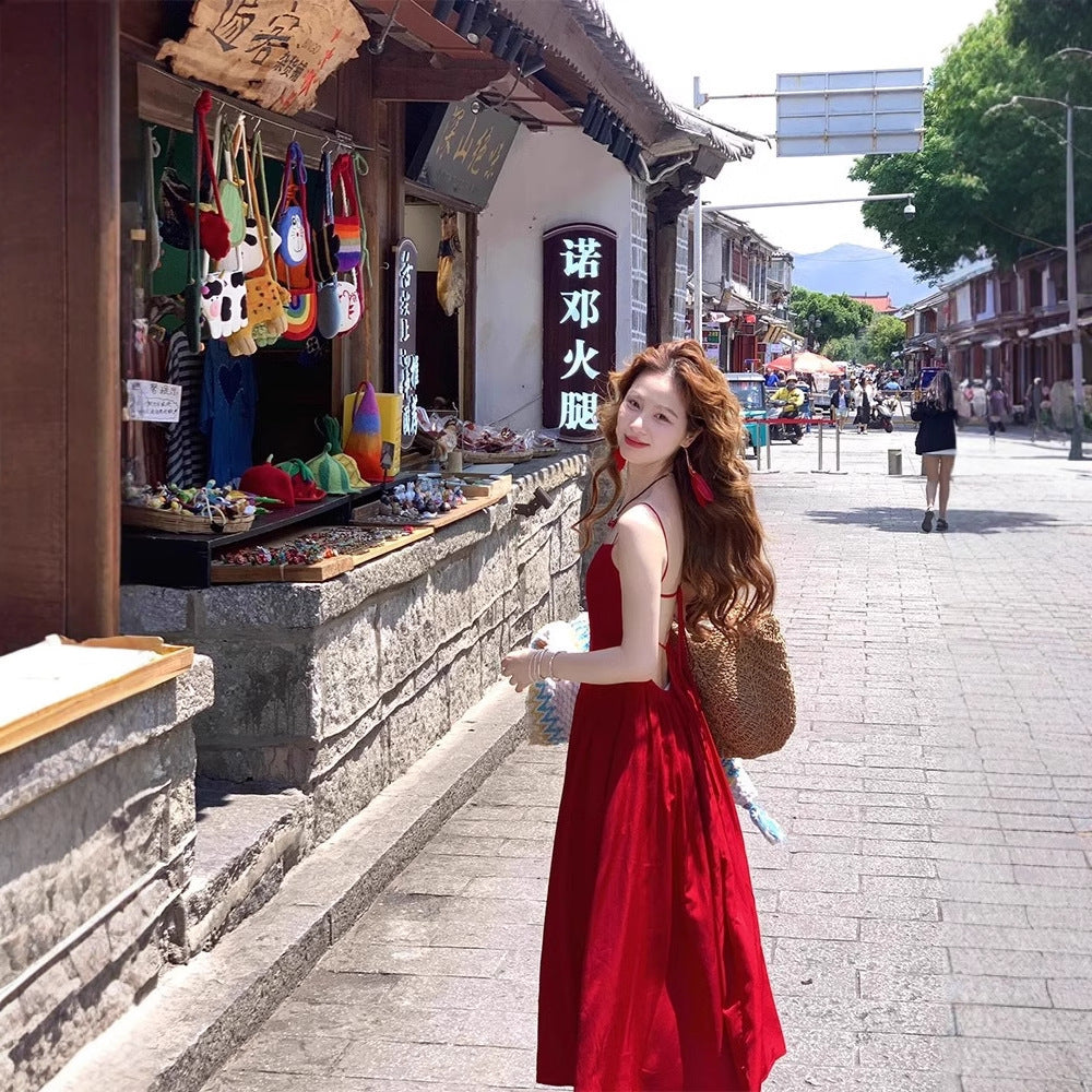 French Style Red Slip Dress Women's Sexy Backless Suitable For Seaside Vacation