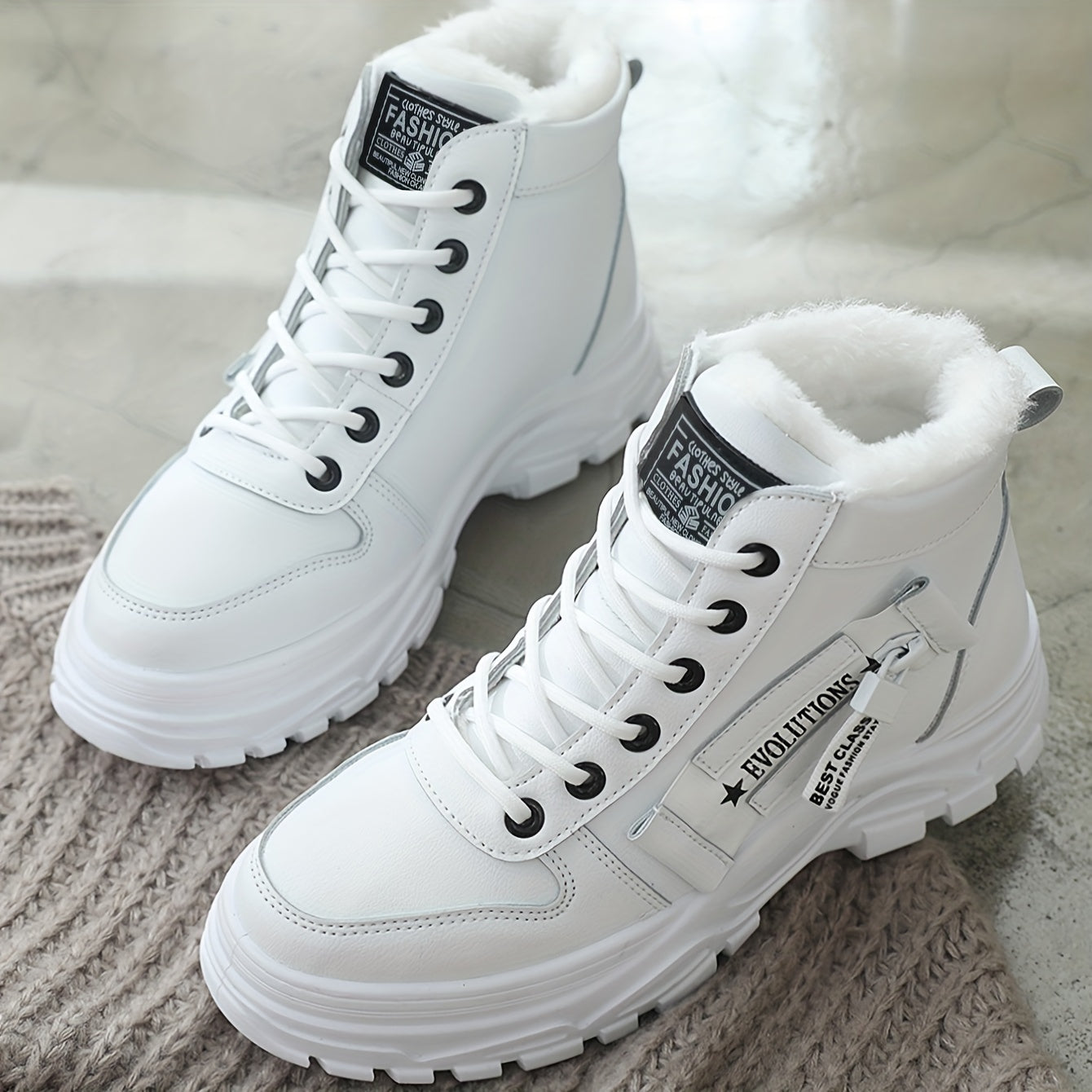 [Stylish Winter Boots] Stylish White Women's K2001 High-Top Winter Boots | Faux Fur Lining, Waterproof PVC Sole, Casual All-Season Footwear