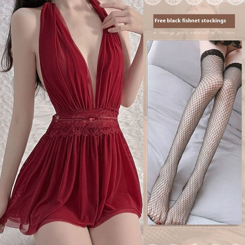 French Mesh Backless Halter Sexy And Breathable Nightdress For Women
