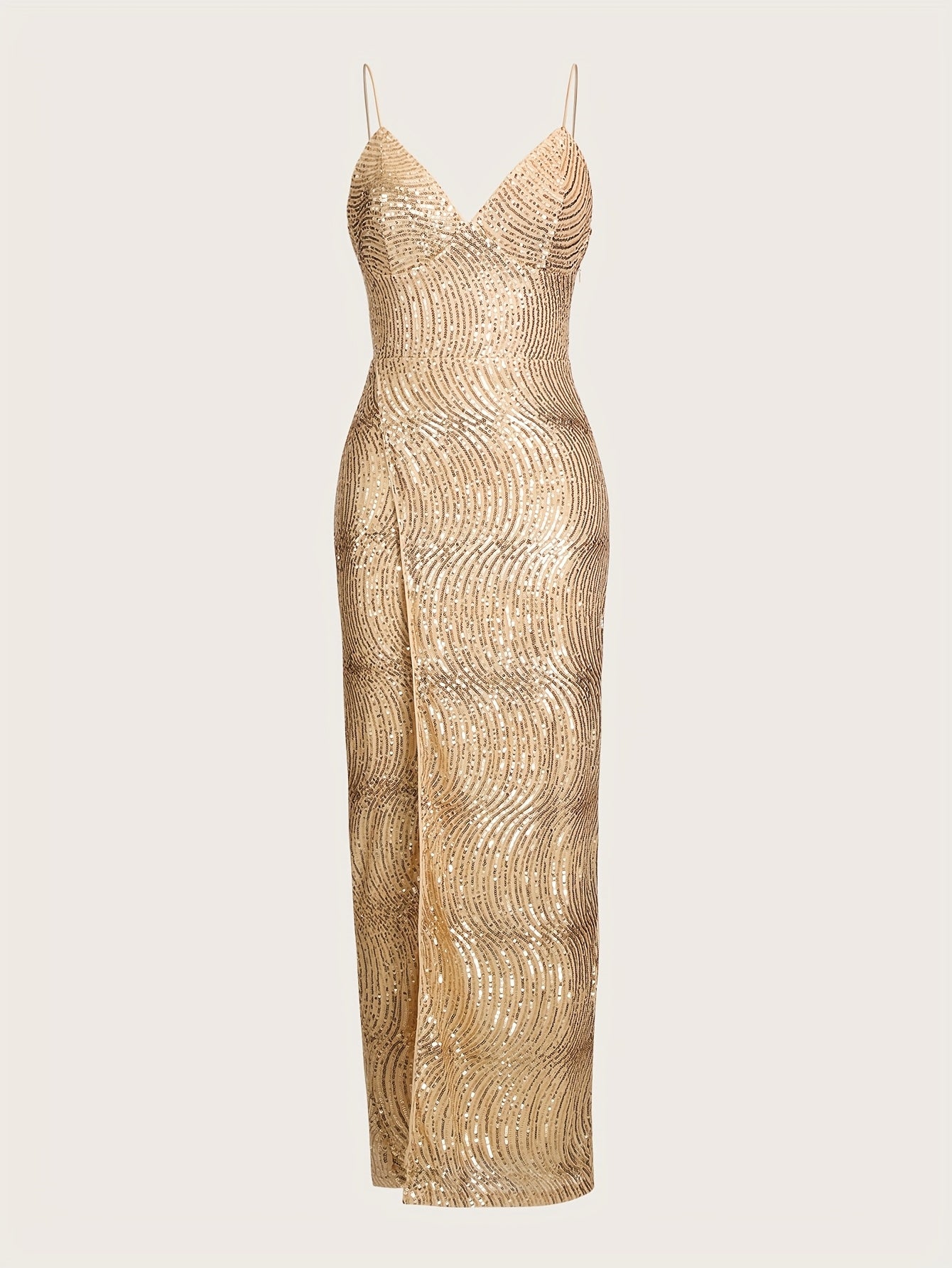 Elegant Backless Sequin Midi Dress with Wave Pattern, Cross Straps & High-Low Hem - Perfect for Parties & Formal Events, Polyester, Spring/Summer Collection, Party Dress | Elegant Backless Dress | Polyester Fabri