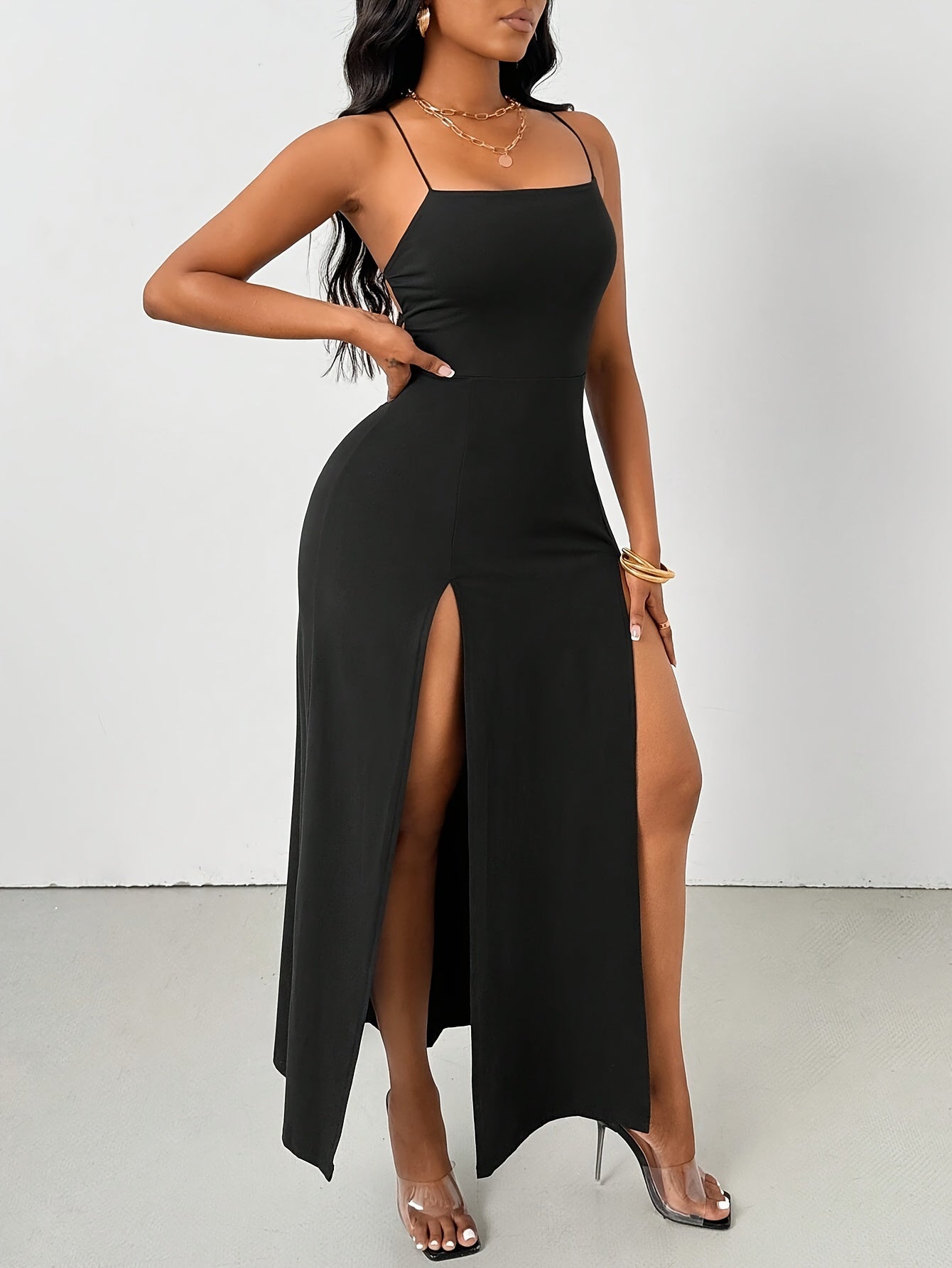 Flattering Fit Solid Color Strapless Crossback Dress - High Slit, Adult Polyester Knit Fabric, Spring/Summer Collection