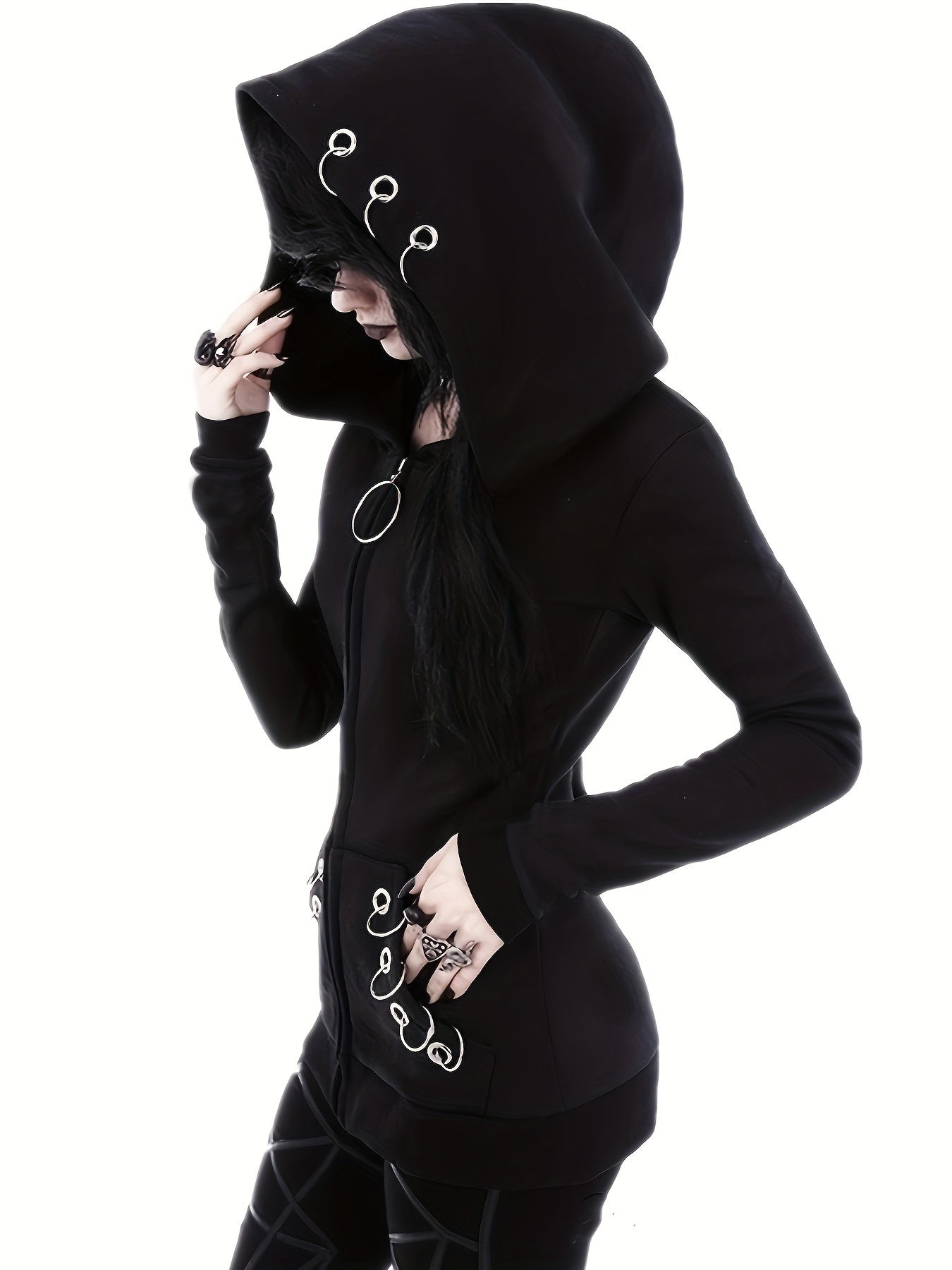 [Stylish Hoodie] Stylish Black Zip-Up Hoodie | Casual Long Sleeve, Polyester Blend, Machine Washable - Perfect for All Seasons with Unique Chain Detail