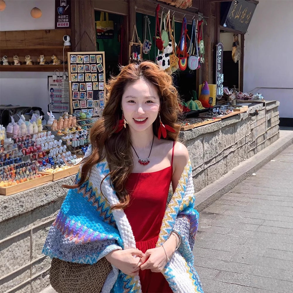 French Style Red Slip Dress Women's Sexy Backless Suitable For Seaside Vacation