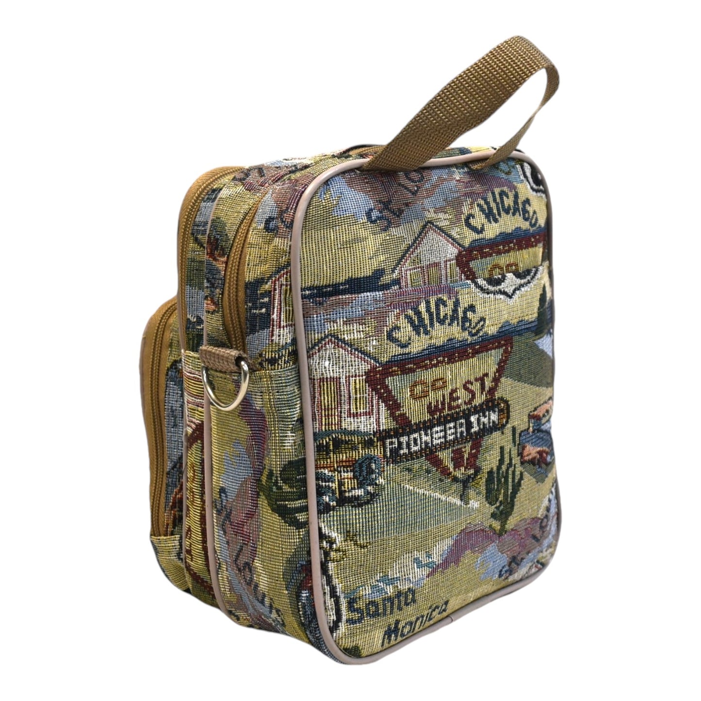 Stylish Compact Crossbody Sling Bag with Adjustable Strap, Durable Woven Fabric, Multiple Compartments, and Unique Route 66 Travel Print for Everyday Adventures