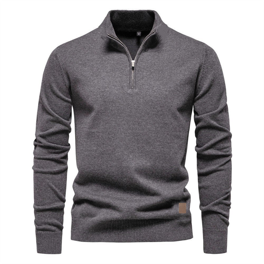 Men's Stand Collar Half Zip Long-sleeved Sports Casual Solid Color Fleece Top