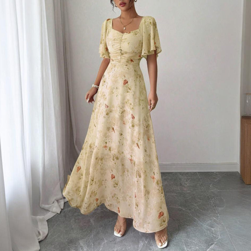 Women's Solid Color Square Neck Short Sleeve Butterfly Print Flowy Dress A-Line Summer Vacation Maxi Dress