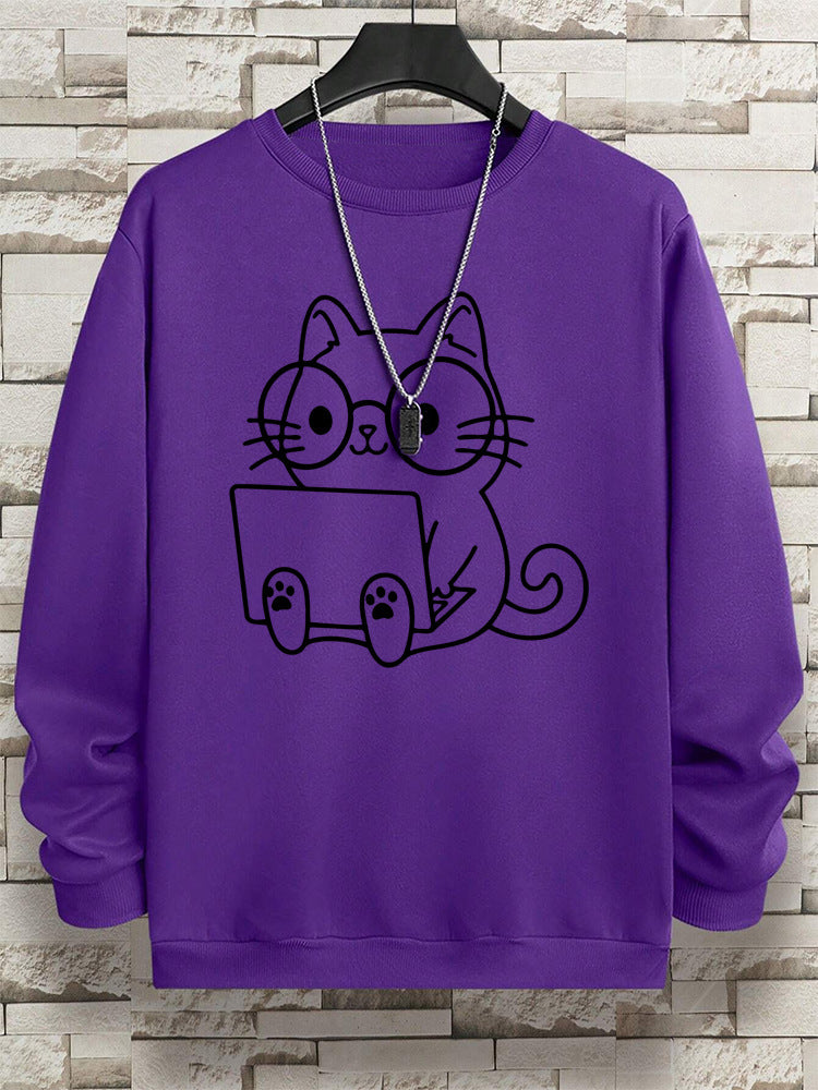 Gentleman Cat At Work Printed Men's Sweatshirt Hip Hop Loose