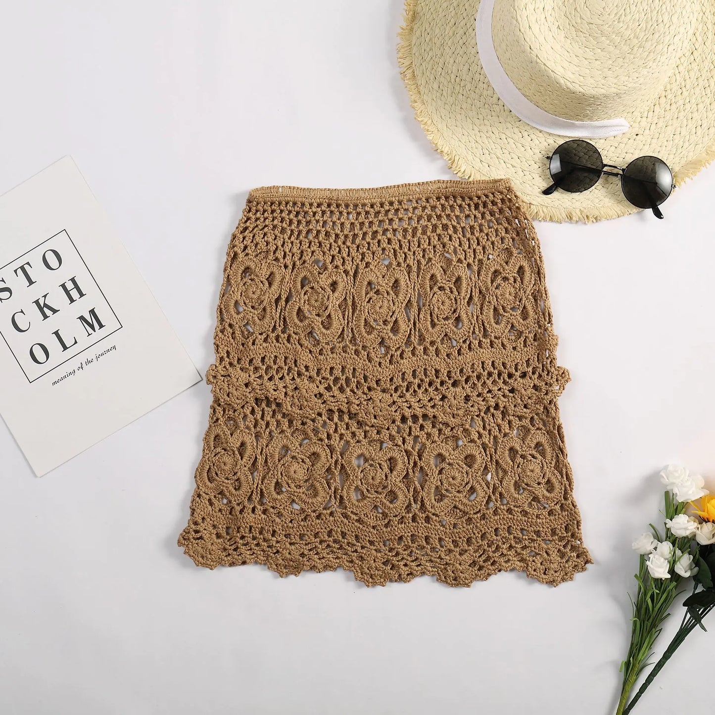 Hollow Knitted Bikini with Half-Length Wrap Skirt