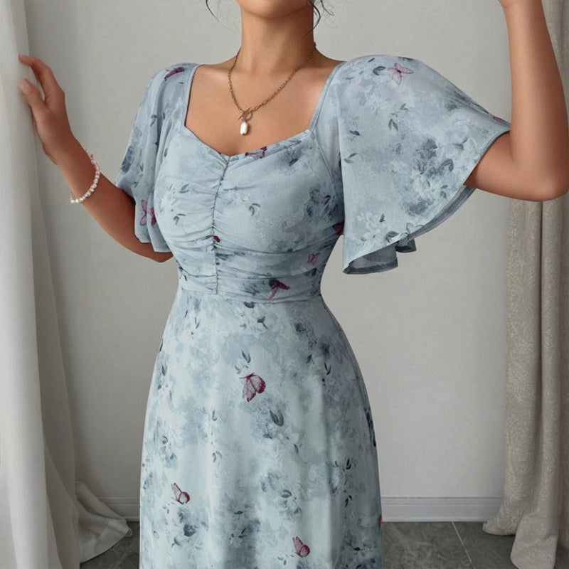 Women's Solid Color Square Neck Short Sleeve Butterfly Print Flowy Dress A-Line Summer Vacation Maxi Dress