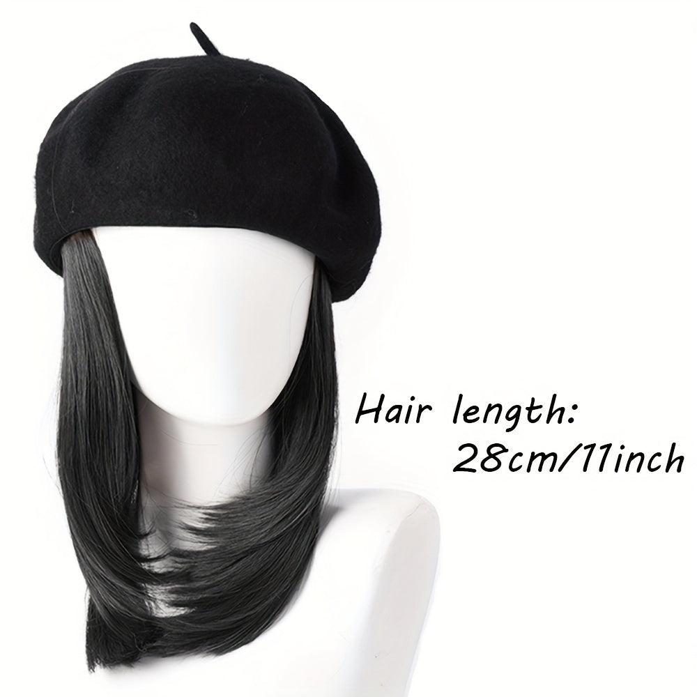 Hat Wig Beret Hat With Hair Extensions Classic French Fashion Hat Attached 11" Synthetic Straight Short Bob Hairpiece For Women Winter Warm Cap Wig Christmas Gift