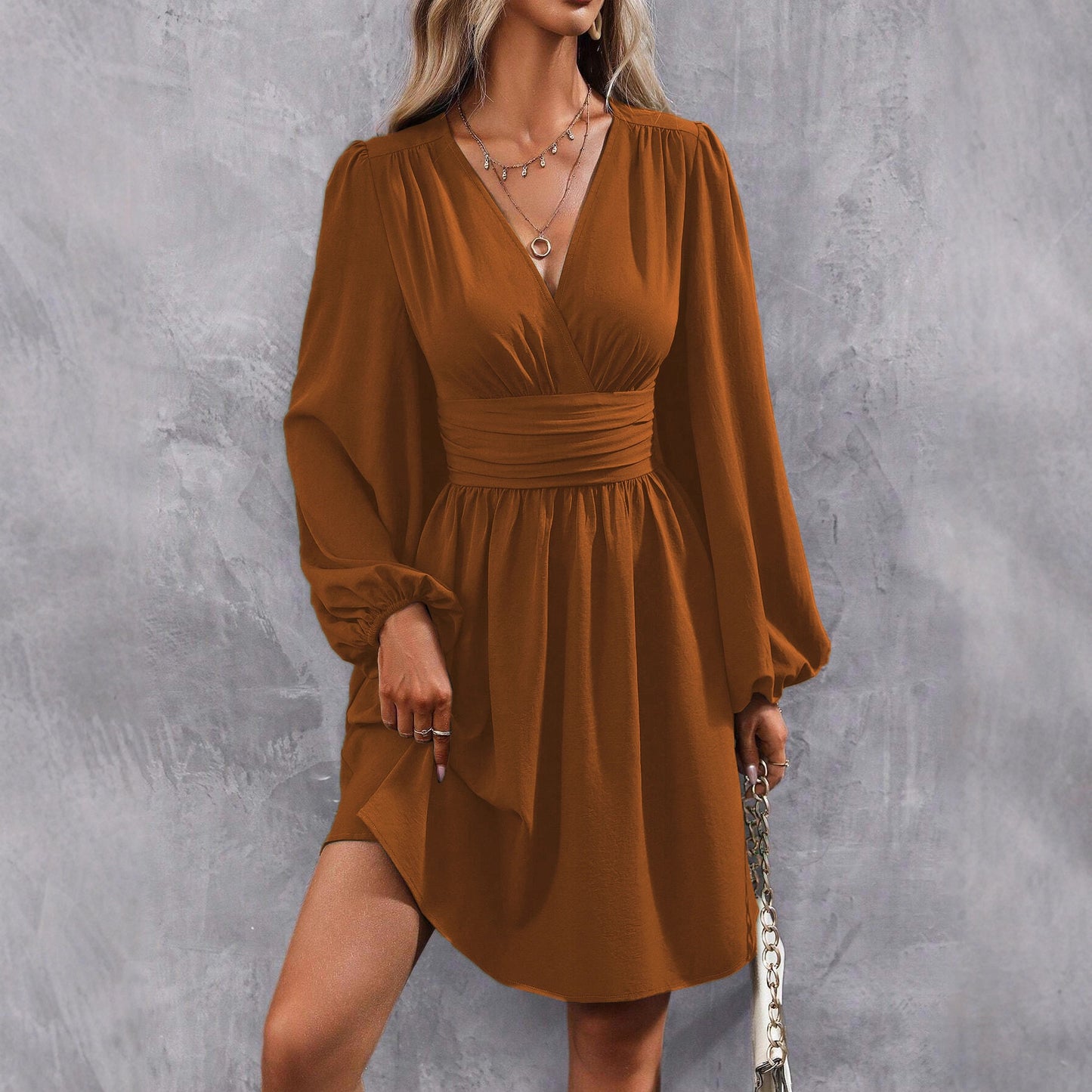 Women's Diagonal Collar Lantern Sleeve Smocking Pleated Waist Dress