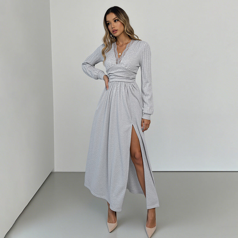 V-neck Long-sleeve Dress Women's Solid Color High-grade Brushed Split Dress