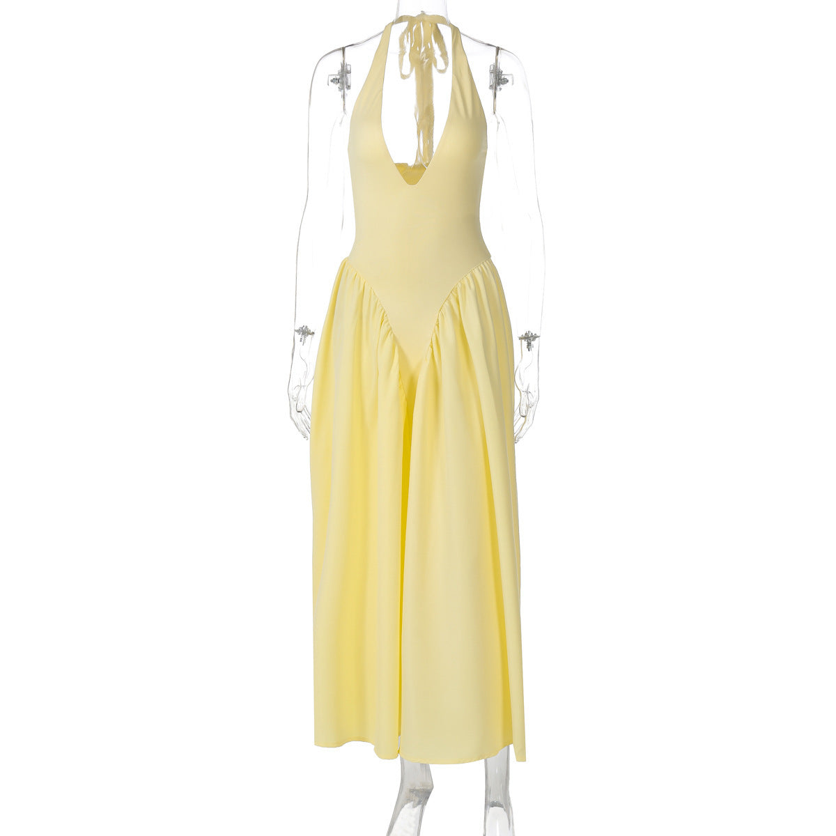 Hot New Sexy Solid Color Deep V Neck Hollow Out Halter Elegant Flared Hem Dress For Women