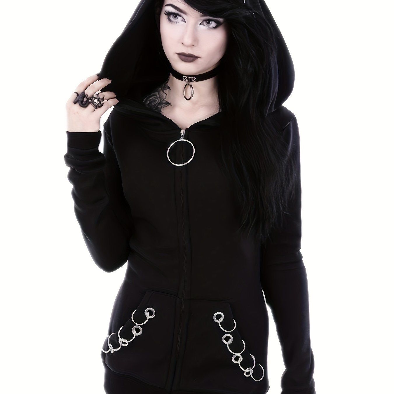 [Stylish Hoodie] Stylish Black Zip-Up Hoodie | Casual Long Sleeve, Polyester Blend, Machine Washable - Perfect for All Seasons with Unique Chain Detail