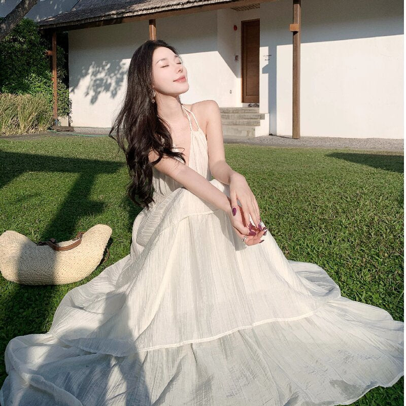 Deep V New Patchwork Slim Fit Slimming Spaghetti Straps Tiered-Ruffle Long Dress