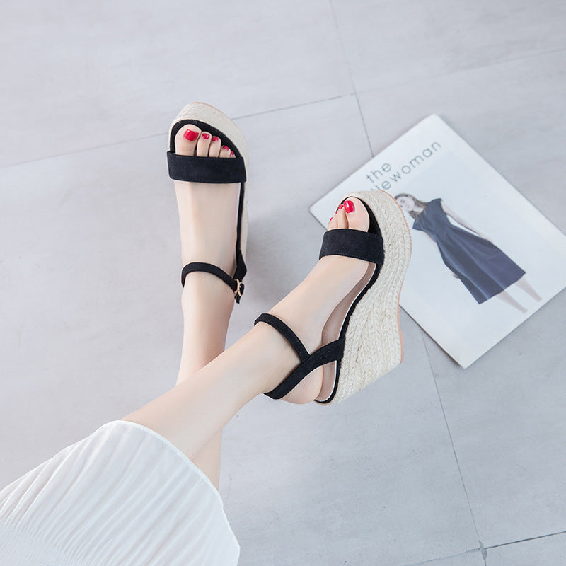 Open Toe Ankle-strap Buckle Wedge Woven Sandals