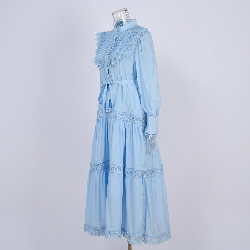 Design Embroidered Shirt Waist-tight Slimming Lantern Sleeves Long Skirt