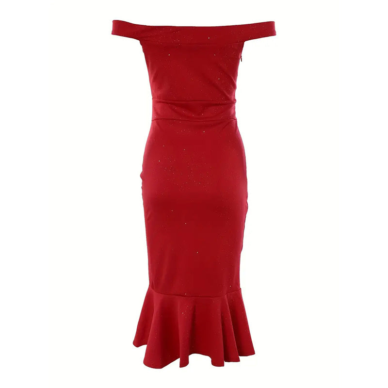 Women's Solid Color Ruffled High-Slit Bodycon Dress Sparkling Off-Shoulder Party Dress For Summer