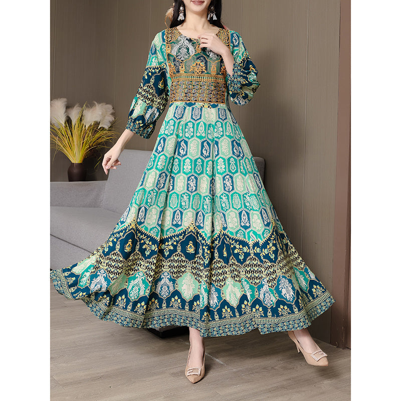 Women's Bohemian Print Maxi Dress, Ethnic Style Round Neck 3 4 Sleeve Embroidered Flowy Party Dress