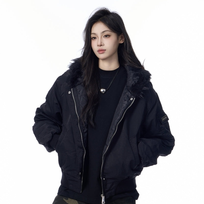 Solid Color Simple Fur Collar Jacket Women's Retro Casual Thickening Short All-match Coat