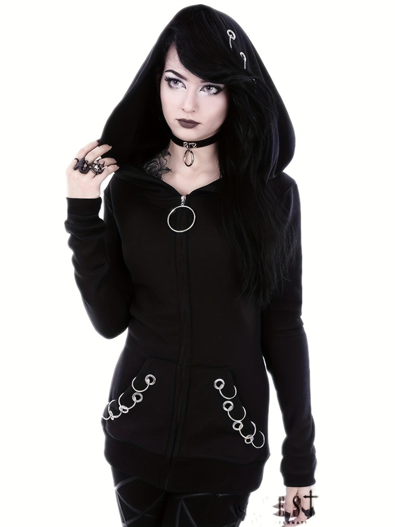 [Stylish Hoodie] Stylish Black Zip-Up Hoodie | Casual Long Sleeve, Polyester Blend, Machine Washable - Perfect for All Seasons with Unique Chain Detail