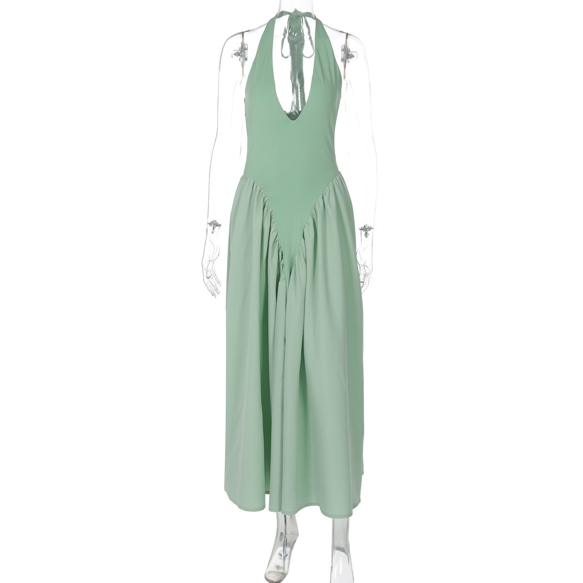 Hot New Sexy Solid Color Deep V Neck Hollow Out Halter Elegant Flared Hem Dress For Women