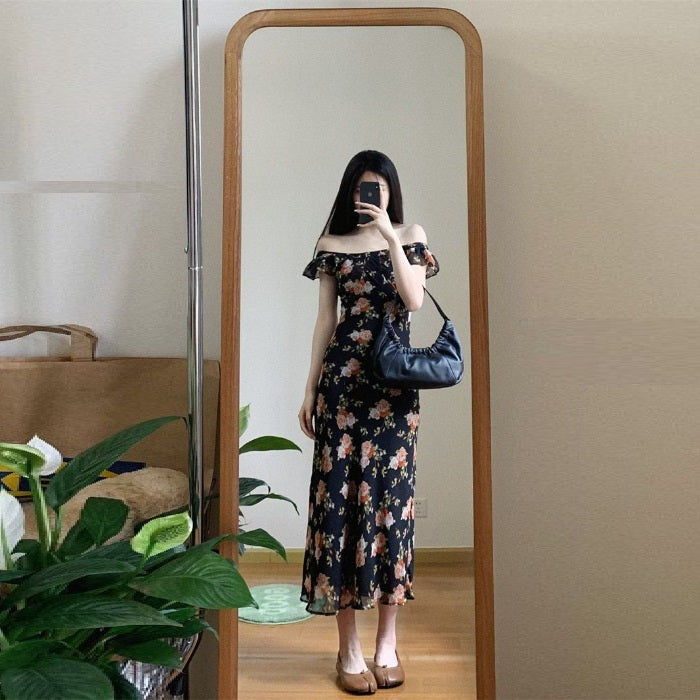 French Romantic Off-shoulder Black Shivering Dress