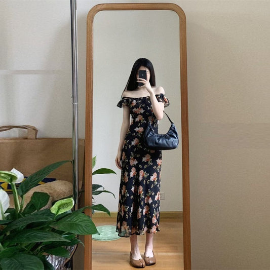 French Romantic Off-shoulder Black Shivering Dress