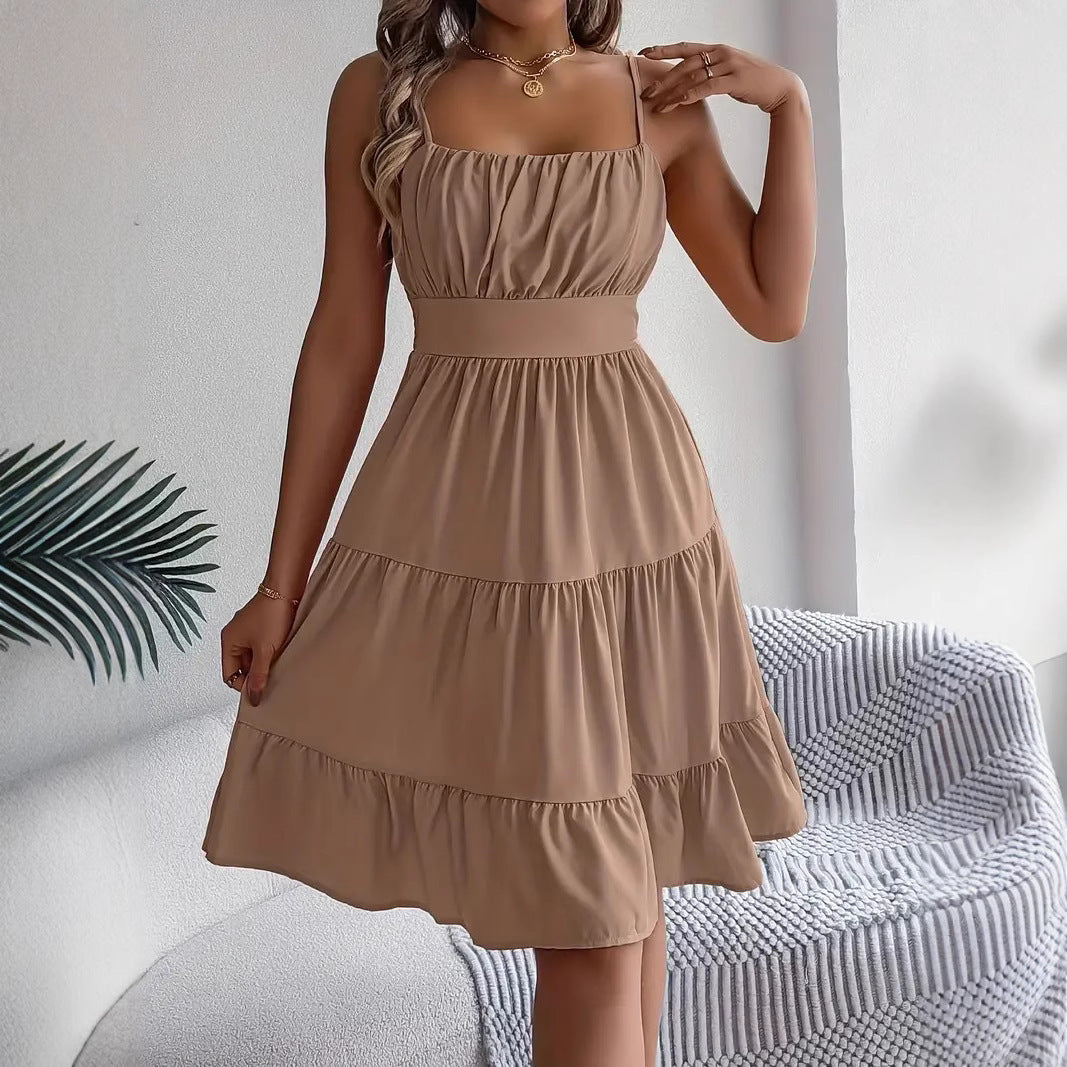 Sleeveless Sling Square Collar Smocking Layered Pleated Dress