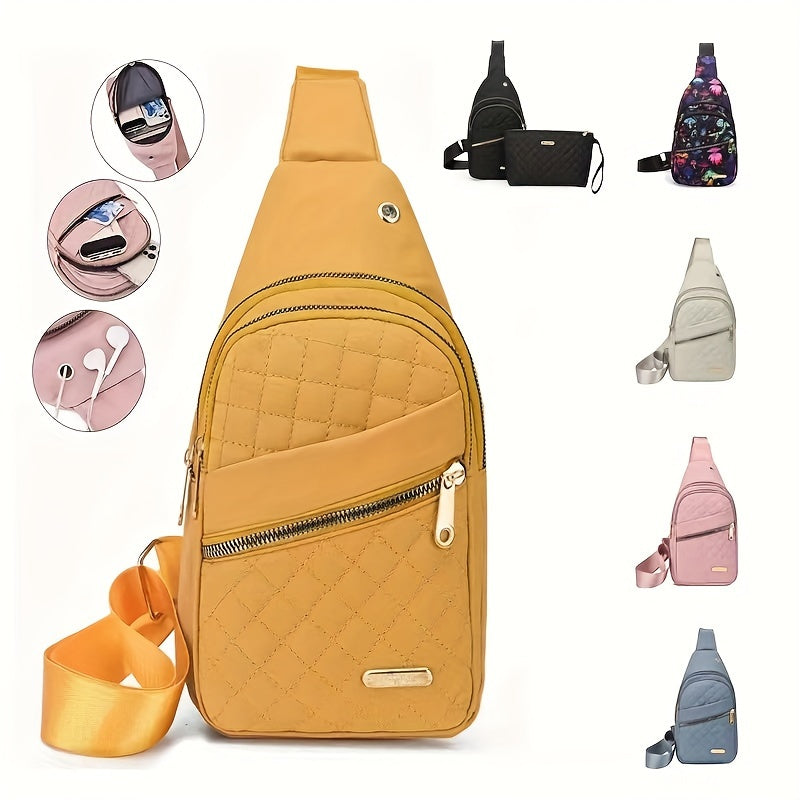 Large Capacity Chest Bag for Women - Adjustable Embroidered Crossbody Bag with Zipper Closure, Polyester Lining, Foldable, and Random Printing - Urban Solid Color Nylon Bag with Comfortable Strap