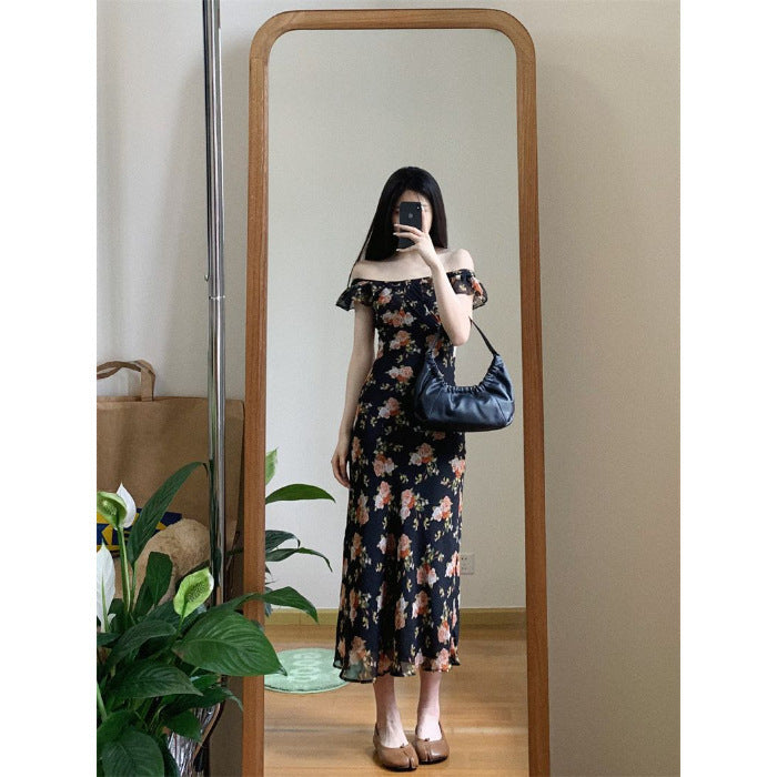 French Romantic Off-shoulder Black Shivering Dress