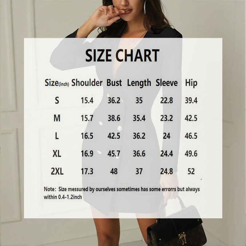 Women's Double-Breasted V-Neck Blazer Dress With Long Sleeves & Faux Pockets Mini Office To Party Dress For Spring & Summer