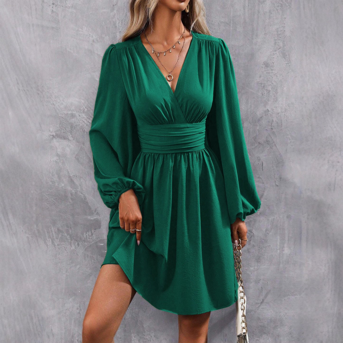 Women's Diagonal Collar Lantern Sleeve Smocking Pleated Waist Dress