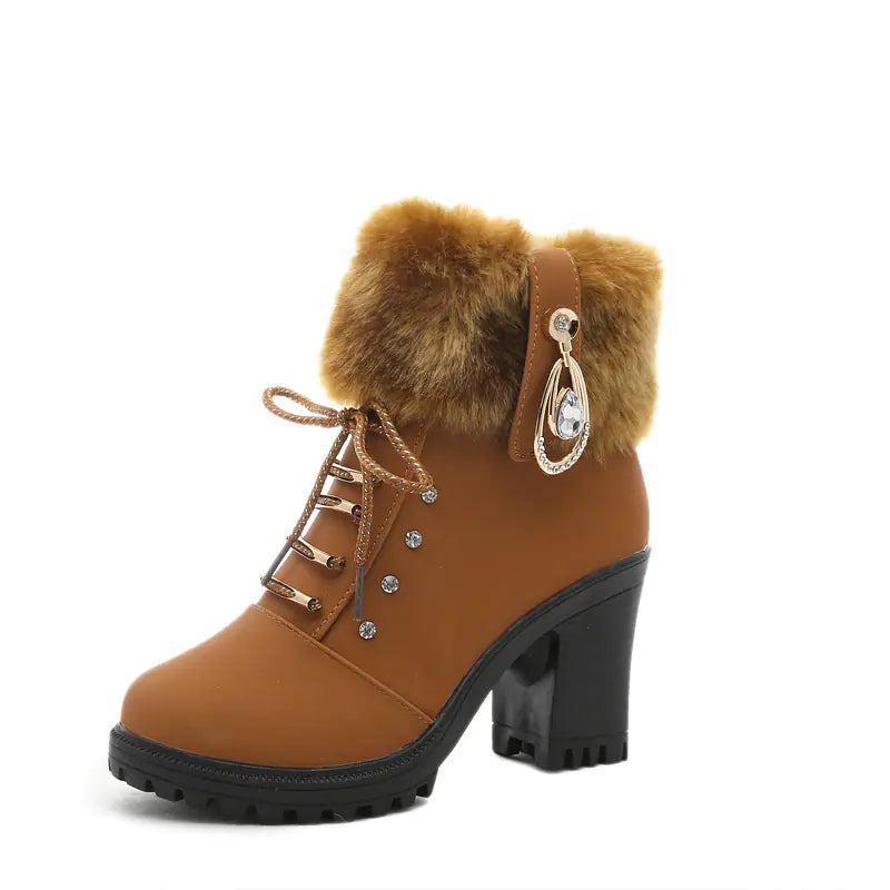 Plush Martin Boots with Lace-Up High Heels