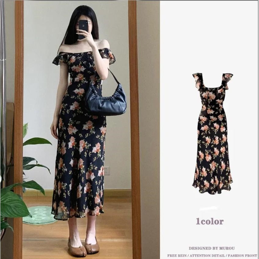 French Romantic Off-shoulder Black Shivering Dress