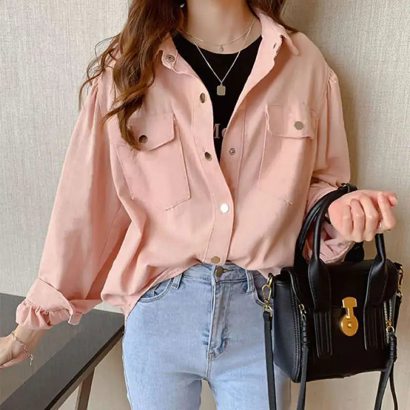 Spring Fashion Solid Long Sleeve Blouses with Pockets