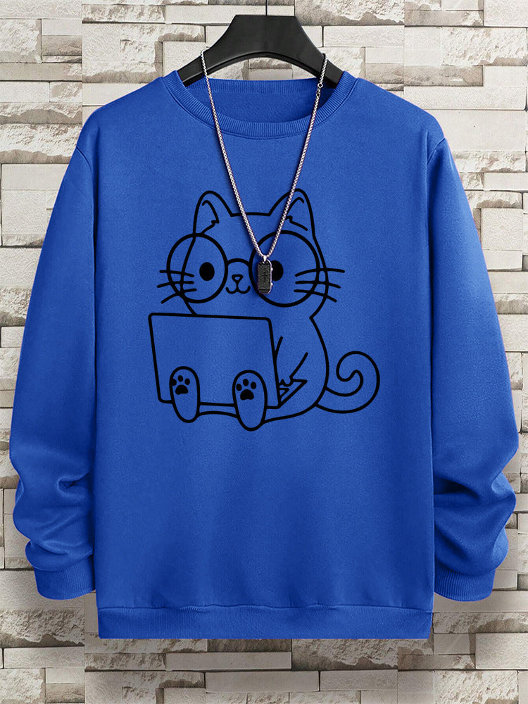 Gentleman Cat At Work Printed Men's Sweatshirt Hip Hop Loose
