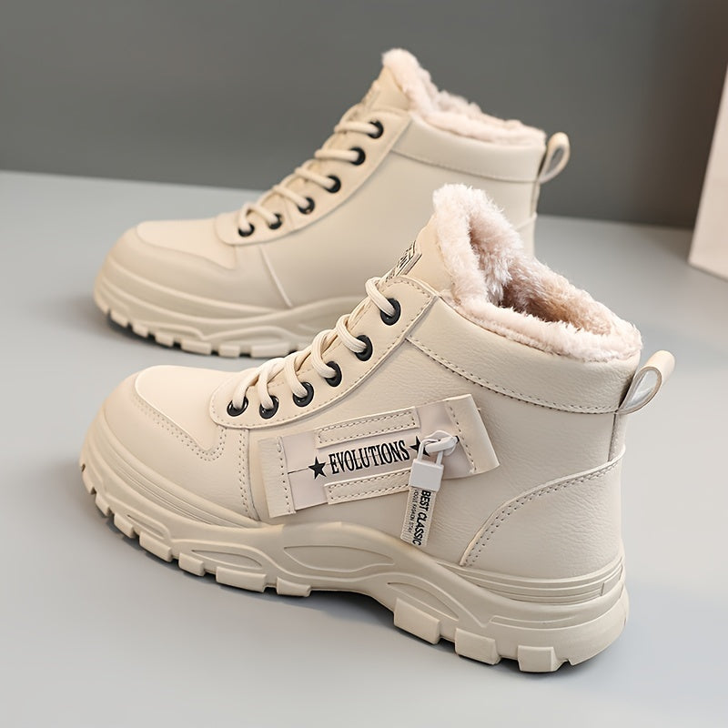 [Stylish Winter Boots] Stylish White Women's K2001 High-Top Winter Boots | Faux Fur Lining, Waterproof PVC Sole, Casual All-Season Footwear