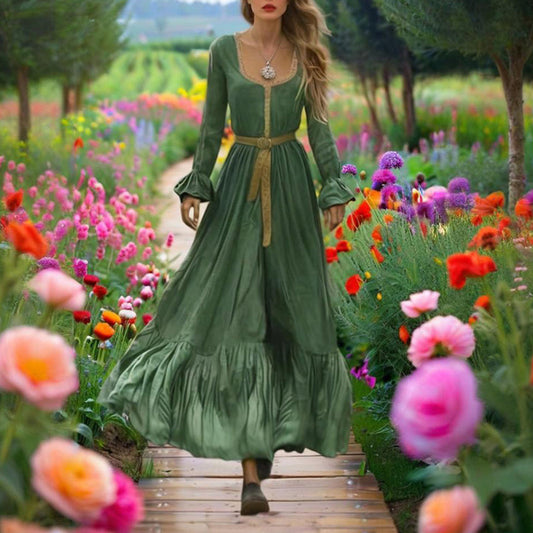 Women's Square Neck Long Sleeve Dress - Green Bohemian Maxi Dress Back Vent With Ruffle Hem & Sleeve