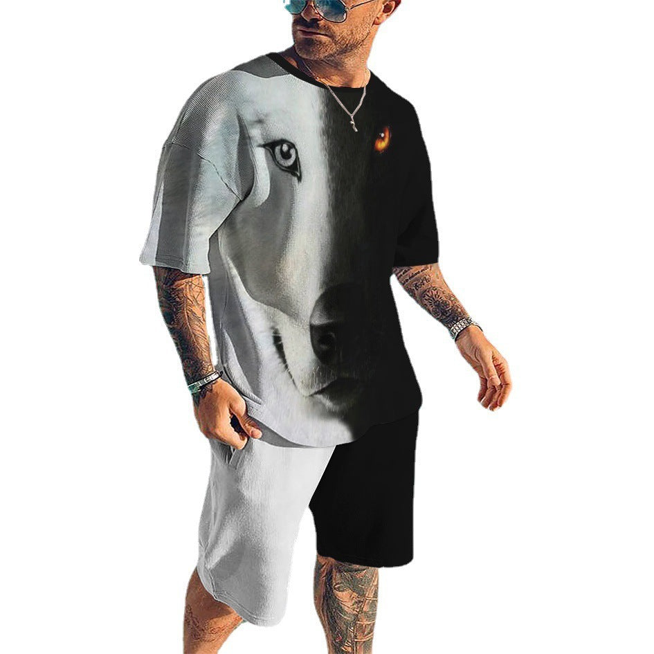 Men's Casual 3D Printed Round Neck Short Sleeve Shorts Suit