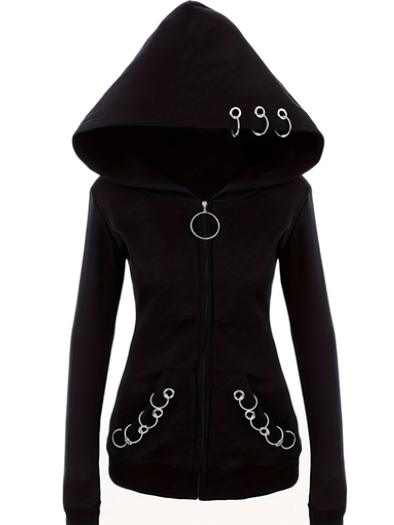[Stylish Hoodie] Stylish Black Zip-Up Hoodie | Casual Long Sleeve, Polyester Blend, Machine Washable - Perfect for All Seasons with Unique Chain Detail