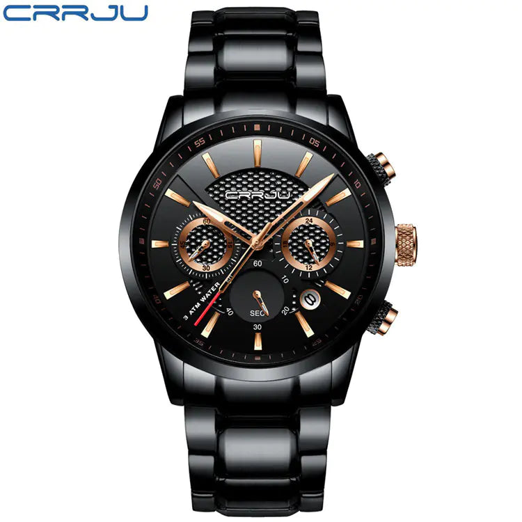 Men's Black Gold Steel Sports Watch - 3 Eye Chronograph | KHYAL&Co