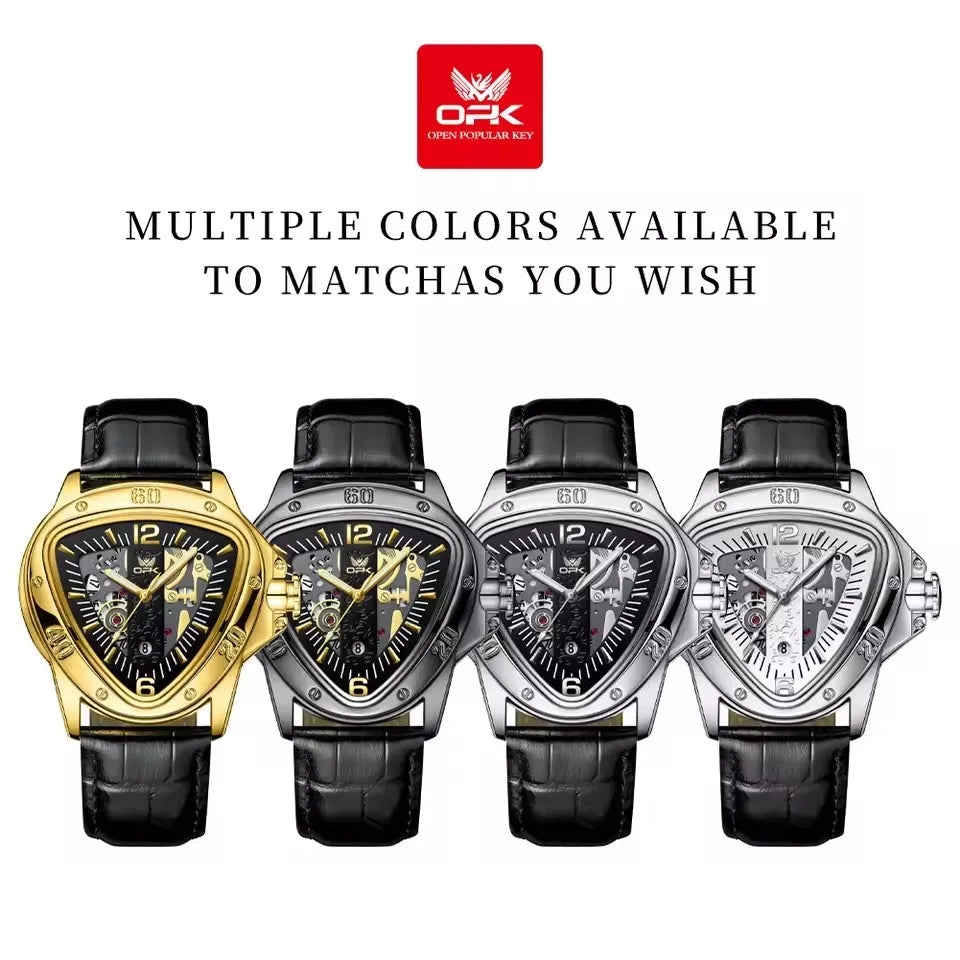 OPK 8168 Gold Men Steampunk Quartz Wristwatch New Band Triangle Golden Skeleton Movement Genuine Leather Case Oval Racing Style