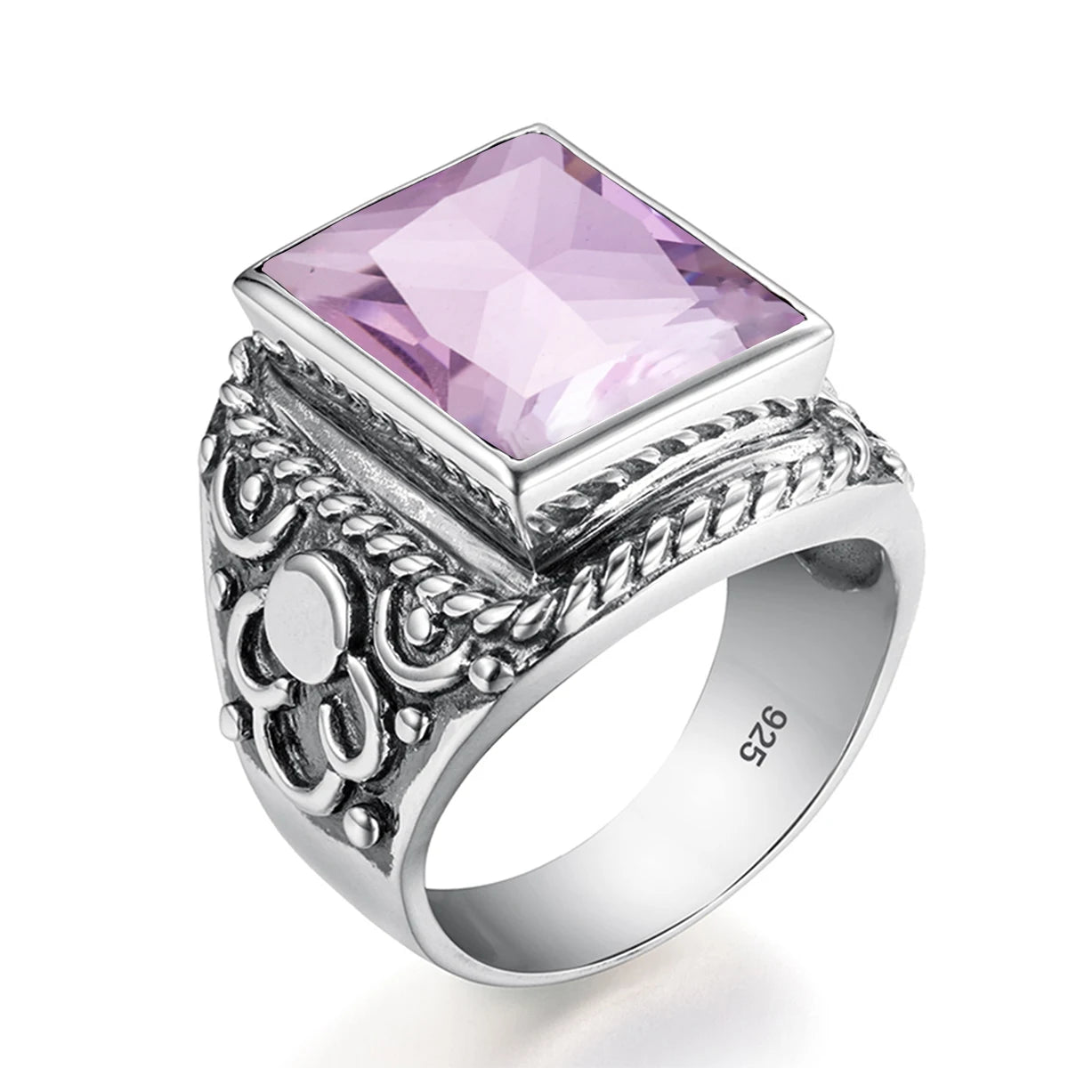 Real 925 Sterling Silver Heavy Signet Rings Men's Massive Amethyst 12*16mm Stone Party Male Vintage Jewelry Gift For Husband Top