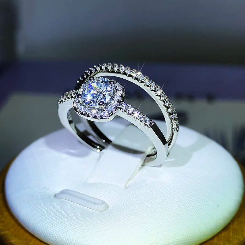 New Small Couple Ring 925 Sterling Silver Popular Fashion Four-Claw Zircon Ring Two-Piece For Ladies Party Birthday Jewelry Gift