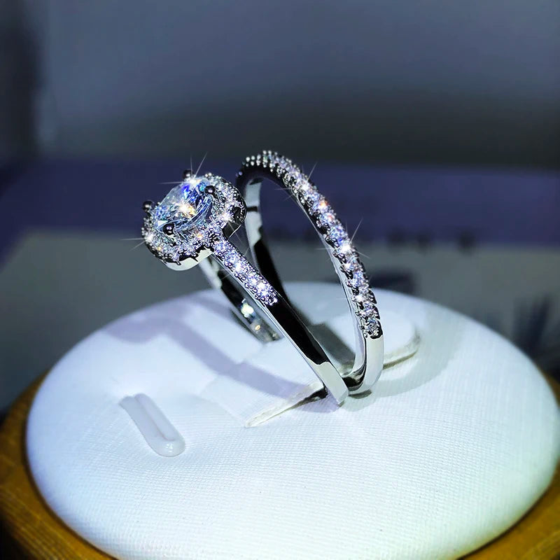 New Small Couple Ring 925 Sterling Silver Popular Fashion Four-Claw Zircon Ring Two-Piece For Ladies Party Birthday Jewelry Gift