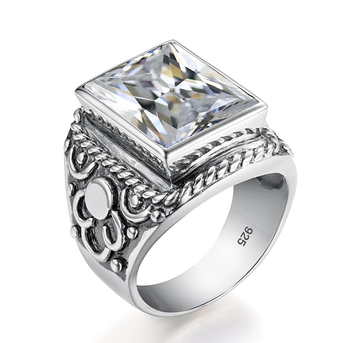 Real 925 Sterling Silver Heavy Signet Rings Men's Massive Amethyst 12*16mm Stone Party Male Vintage Jewelry Gift For Husband Top